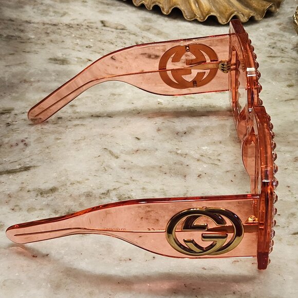 GUCCI HOLLYWOOD FOREVER OVERSIZED SQUARE PINK EMBELLISHED CRYSTAL SUNGLASSES - Picture 3 of 7